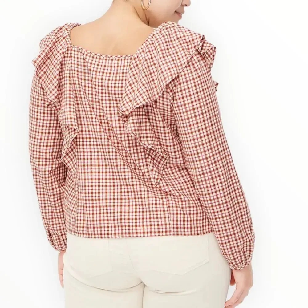 J CREW FACTORY | Dusty Ivory Brick Red | FLANNEL SQUARENECK RUFFLE TOP - Picture 7 of 11